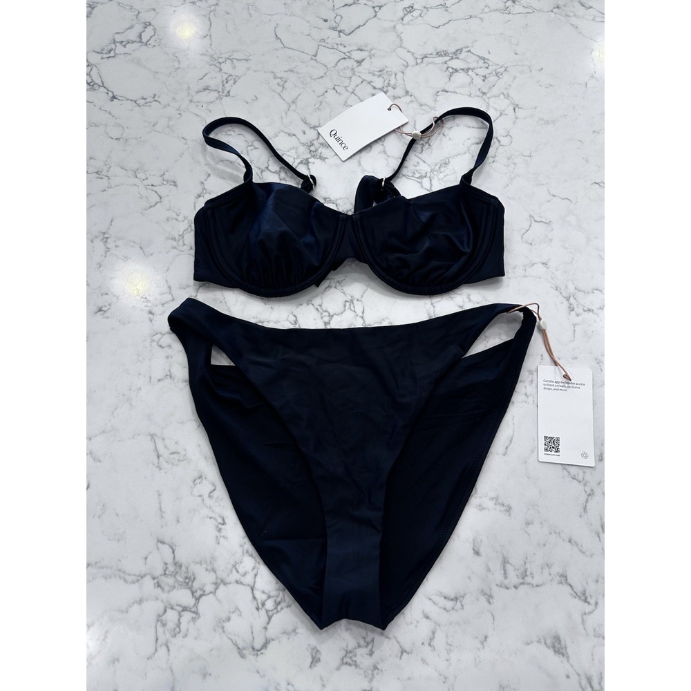 NWT Quince Black Italian Demi Bikini Top & Low Rise Bottom Set Size Medium